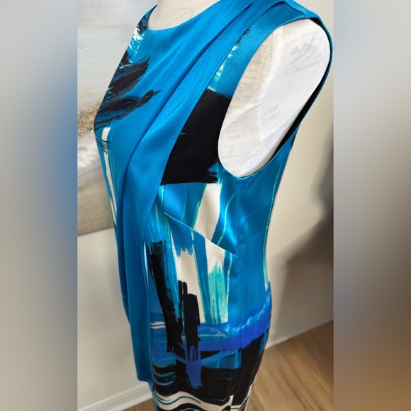 ST JOHN Brushstroke Stretch Silk Charmeuse Draped Cyan/Black Dress, Size 2 - Picture 11 of 16